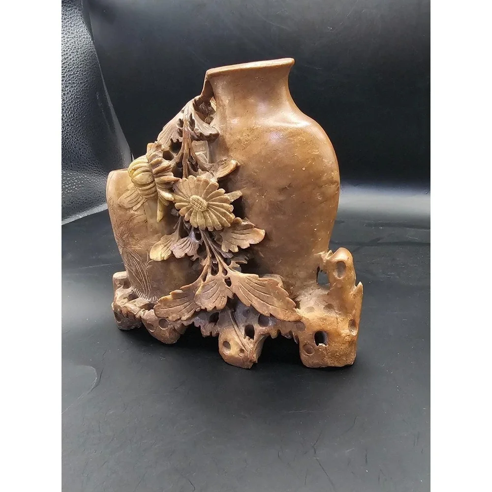 Vintage Chinese Soapstone Double Vase Hand Carved Floral Light Brown 6in SIGNED